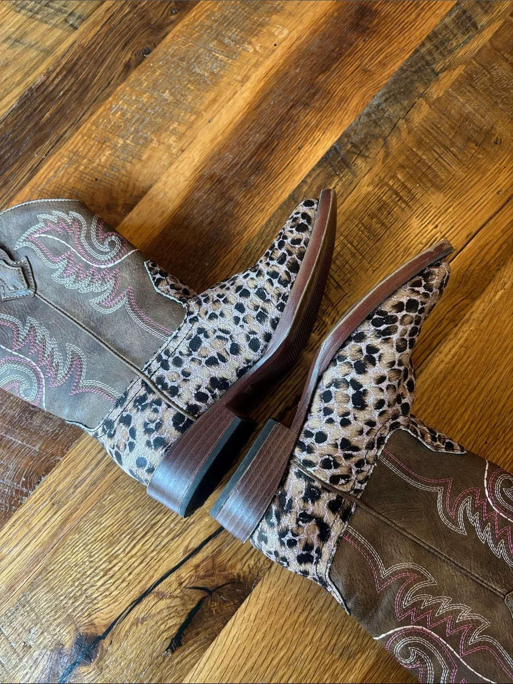 Girl's glitter and leopard faux leather cowboy boots, size 12